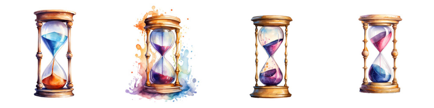Collection of hourglasses with colorful sand and watercolor design elements