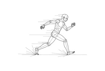 Fototapeta premium Futuristic linear design of a running cyborg with dynamic motion lines