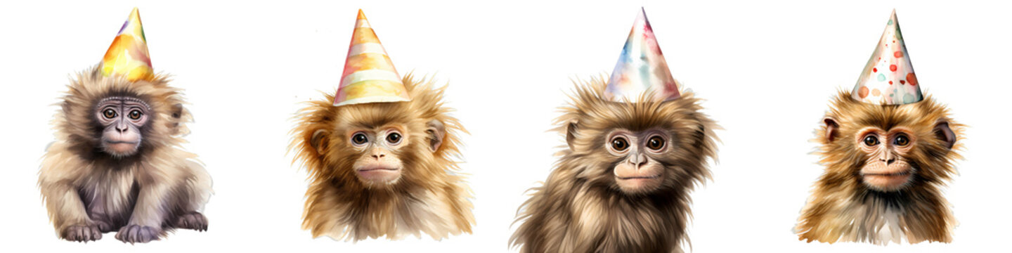 Charming watercolor painting features four monkeys wearing colorful party hats on a black background