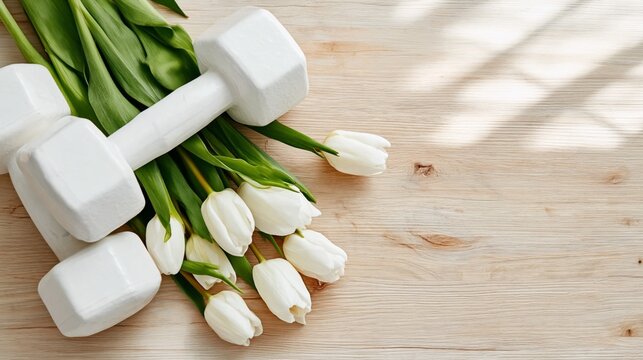 Weight Training With Flowers on a Wooden Table in a Bright Indoor Space