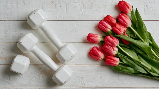 Weight Training With Flowers on a Wooden Table in a Bright Indoor Space
