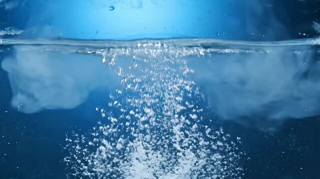 Hyper Real Ice Drop Impact &mdash; Crystal Ice Falling Into Water With Rising Bubbles and Cold Vapor &mdash; Refreshment Energy Burst Background for Beverage Ads, Summer Campaign