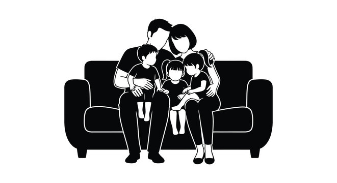 A loving family of five poses together on a comfortable sofa creating a heartwarming family silhouette high quality professional detailed modern