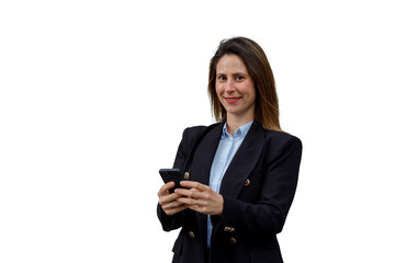 Fototapeta premium Businesswoman standing, smiling and communicating using smartphone, professional connecting on transparent background