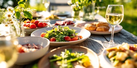 Obraz premium Outdoor Dining Setup With Fresh Food and Drinks During Summer Evening