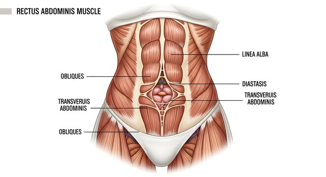 Detailed anatomical illustration of human rectus abdominis muscle with various abdominal muscle groups labeled.