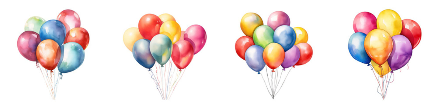 Watercolor illustration of four bunches of colorful party balloons with ribbons and strings
