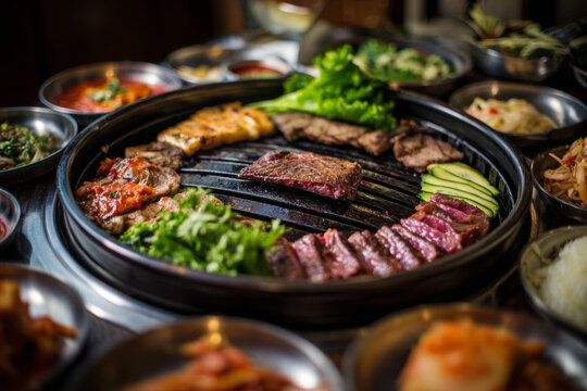 Food photography of classic Korean national dishes: bibimbap, kimbap, tteokbokki, grilled meat, and an array of banchan including kimchi and jorim. Colorful and appetizing.