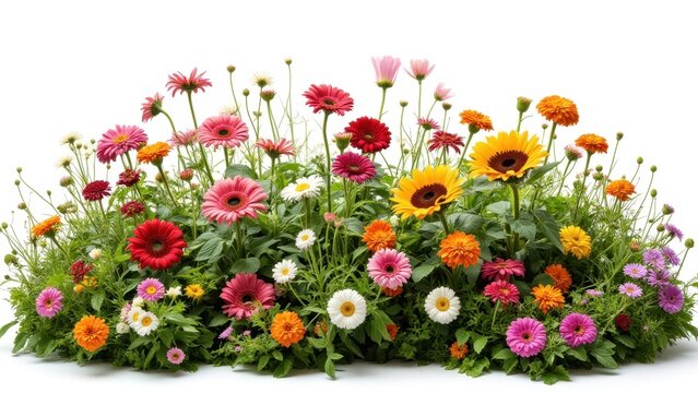 Vibrant garden with assorted flowers in colors of pink, yellow, orange and green. Perfect for outdoor spaces and landscaping.