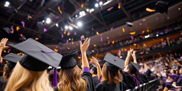 Students Celebrate Graduation by Throwing Caps Into the Air at a Large Ceremony in a Sports Arena