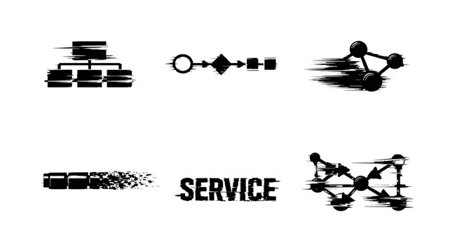 Digital service orchestration and microservices theme, a set of 5 glitch-distorted monochrome objects placed on a perfectly clean white background, each object containing
