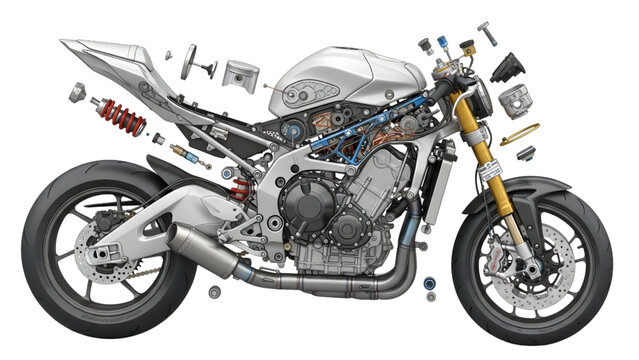 High Performance Sport Motorcycle Exploded View Technical Blueprint with Separated Engine Parts Isolated on White Background