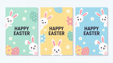Obraz premium Happy Easter Greeting Card Set with Cute Bunnies and Colorful Eggs in Pastel Colors 