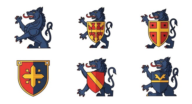 Vector graphic illustrations of lion heraldry symbols and shields