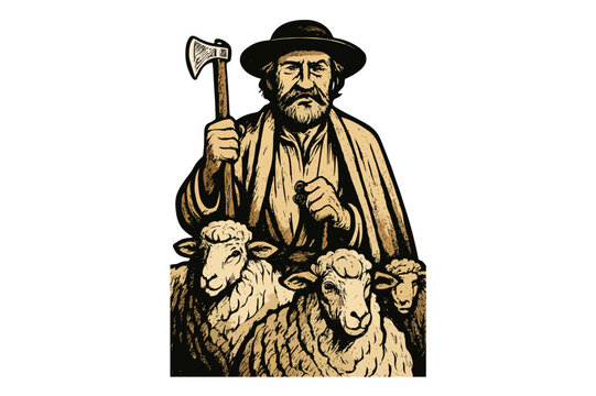 Shepherd with sheep flock walking together, Old sheep herder with a Wallachian axe, bearded old man in a hat with an axe in his hands,