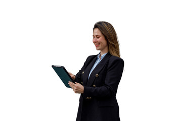 Fototapeta premium Businesswoman smiling and working on digital tablet, using technology for corporate networking, transparent background