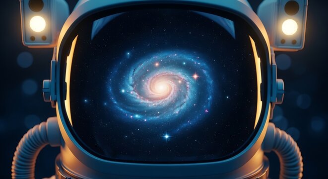 Astronaut helmet reflects a vibrant, swirling galaxy within its visor, lit by headlamps