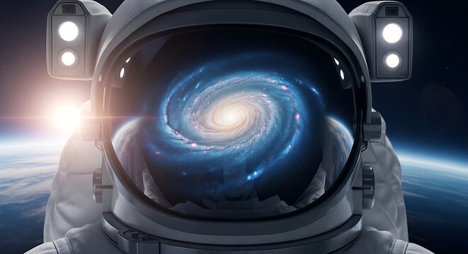 Astronaut in space suit, with galaxy reflection on helmet visor, Earth visible, cosmic scene