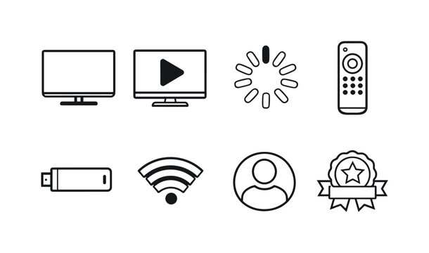 Video streaming platforms: smart TV, play button screen, buffering spinner, remote control, streaming device stick, WiFi signal, user profile avatar, subscription badge.