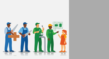 Fototapeta premium Diverse team of skilled workers collaborating with young girl on engineering project, vector illustration.