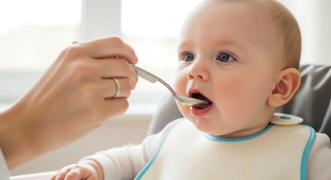 Close-up of a baby being fed by a person's hand with spoon, in a highchair indoors