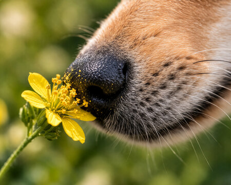 Nahaufnahme einer Hundenase beim Schn&uuml;ffeln an einer gelben Blume