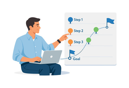 A professional maintaining organized workflow checkpoints in a structured routine, seated with a laptop while interacting with a simple milestone marker panel and