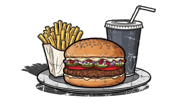 Delicious fast food combo with burger, fries, and drink on a plate
