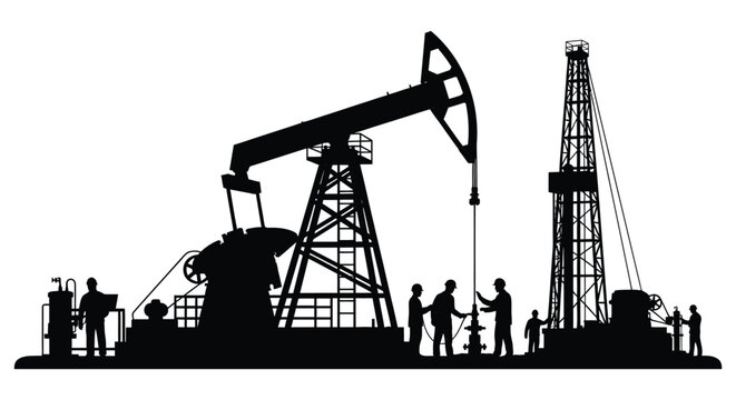 An industrial landscape featuring oil pumps a drilling rig and workers all depicted in black silhouette high quality professional detailed modern