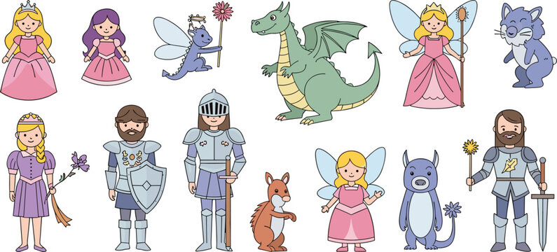Fantasy Fairy Tale Vector Set Featuring Princesses Knights Dragons Fairies And Mythical Creatures For Children Storytelling Magic Kingdom And Medieval Theme Graphic Designs