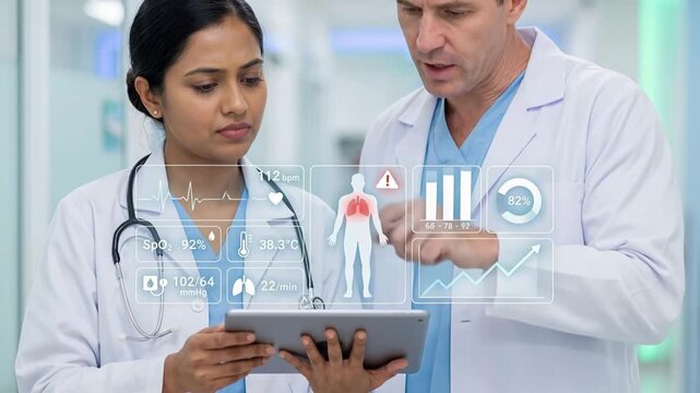 Medical team reviewing abnormal vital signs on digital health interface with alert sign and red lungs, dolly-in camera movement