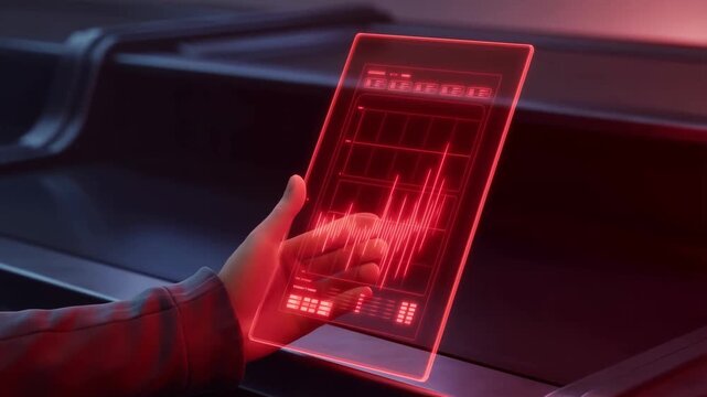 Futuristic transparent tablet displaying glowing red risk indicators surpassing thresholds in a high-tech control room with dim lighting