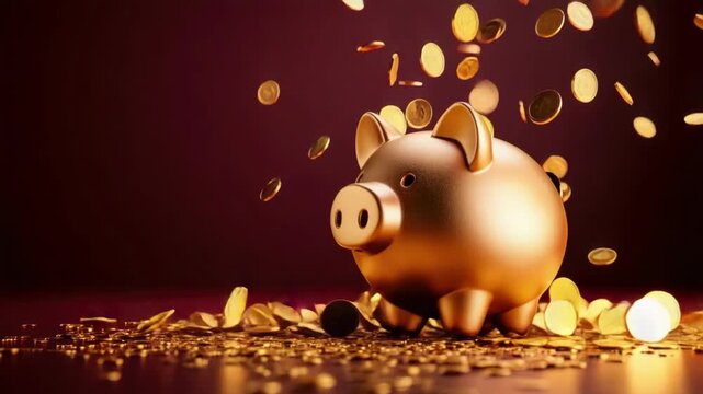 Golden piggy bank with falling coins on purple background