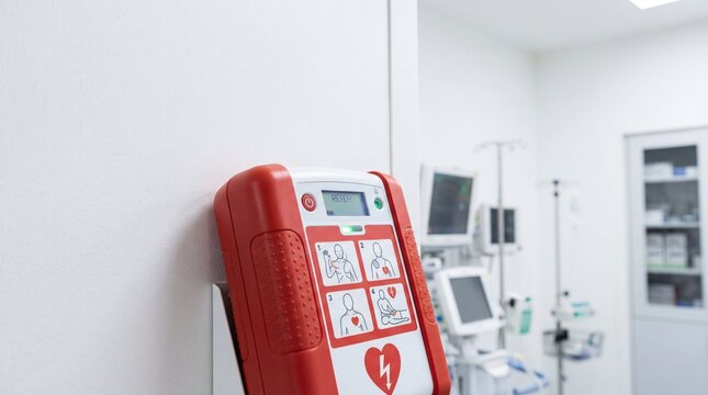 Wall-mounted defibrillator device in modern hospital room
