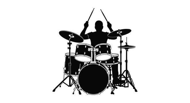 A striking black silhouette depicts a drummer energetically playing a full drum kit with cymbals silhouette high quality professional detailed modern