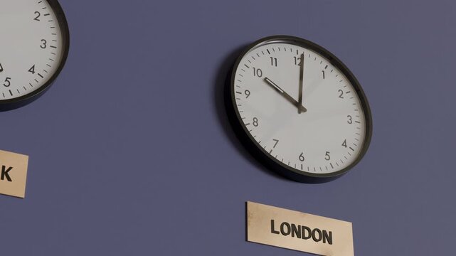 Global clocks showing synchronized time zones, perfect for remote work, business coordination, and travel content. Seamless loop animation, part of series for corporate use. Beautiful 3d Animation 4k