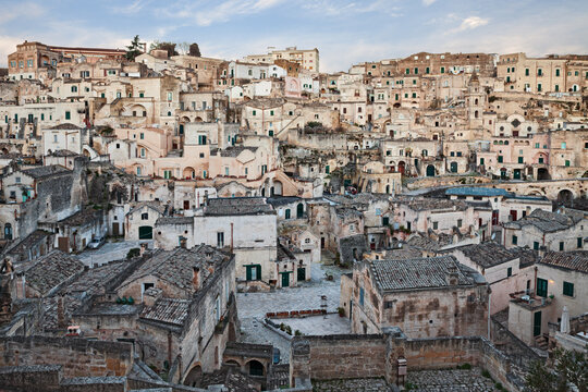 Matera, Basilicata, Italy: landscape at sunrise of the picturesque old town Sassi di Matera, district Sasso Barisano, in the city European Capital of Culture 2019