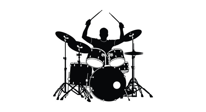 A dynamic black silhouette of a drummer energetically playing a full drum kit with raised arms silhouette high quality professional detailed