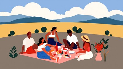 Fototapeta premium Friends Enjoy a Picnic on a Sunny Day in an Open Outdoor Space With Mountains in the Background