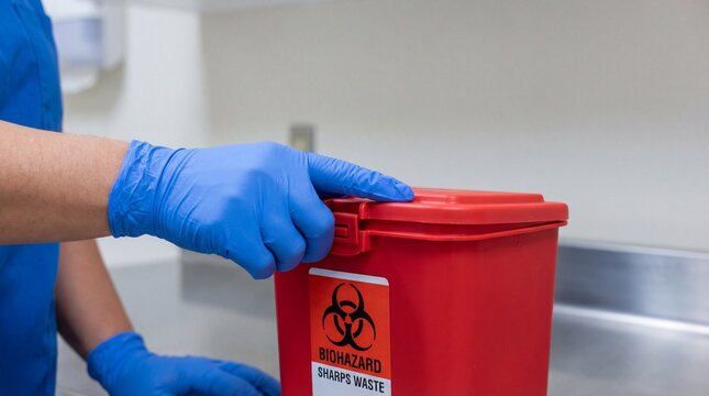 Healthcare worker in gloves handling biohazard container indoors