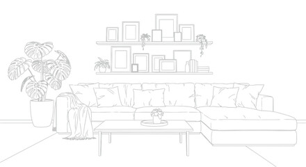 Obraz premium A minimalist living room featuring a sectional sofa coffee table and shelving with framed artwork