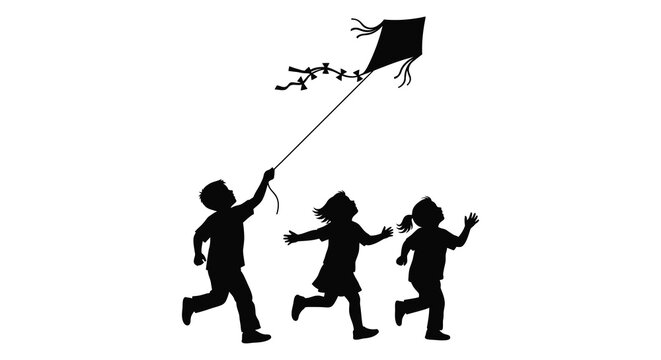 A joyful scene depicts children running and flying a kite against a blank background showcasing a striking silhouette high quality professional