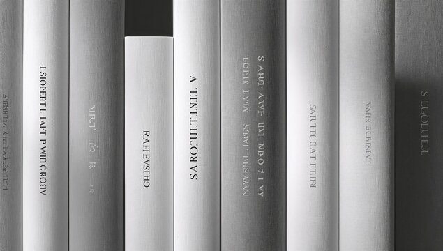 A sophisticated black and white close-up abstract view of numerous book spines showcasing unique textures and subtle variations in gray and white tones creating a compelling visual pattern.