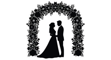 A romantic couple embraces beneath a floral archway presented as a striking black silhouette high quality professional detailed modern elegant stylish © GDSneha02