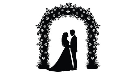 A romantic couple embraces beneath a floral archway a striking black silhouette high quality professional detailed modern elegant stylish clean crisp © GDSneha02