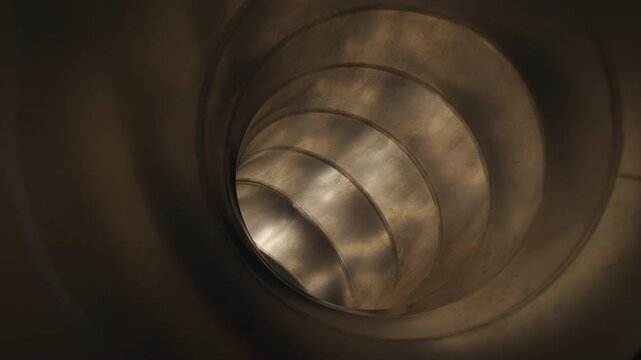 Metal tube slide forms circular tunnel in dark playing interior. Smooth surface curves forward guiding downhill motion inside playground