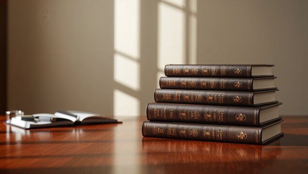 Elegant stack of five dark leather-bound books adorned with intricate golden designs rests on a glossy wooden table, conveying timeless knowledge and scholarly pursuit.