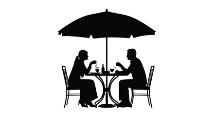 A couple enjoys a meal at an outdoor cafe table under a parasol rendered as a striking silhouette high quality professional © GDSneha02
