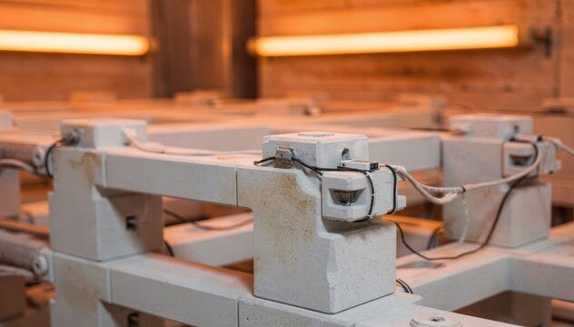 Medium shot of kiln furniture supports integrated with advanced strain and temperature sensors demonstrating innovative technology for improved durability and thermal management in