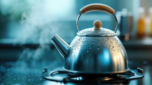 Steaming metal kettle on stove in cozy kitchen setting